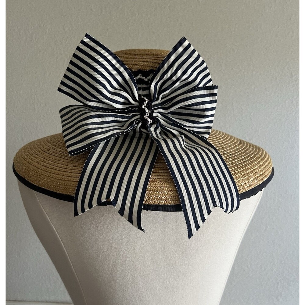 Vintage Women's Straw Boater Hat Wide Brim Blue White Grosgrain Ribbon Bow - Picture 2 of 8